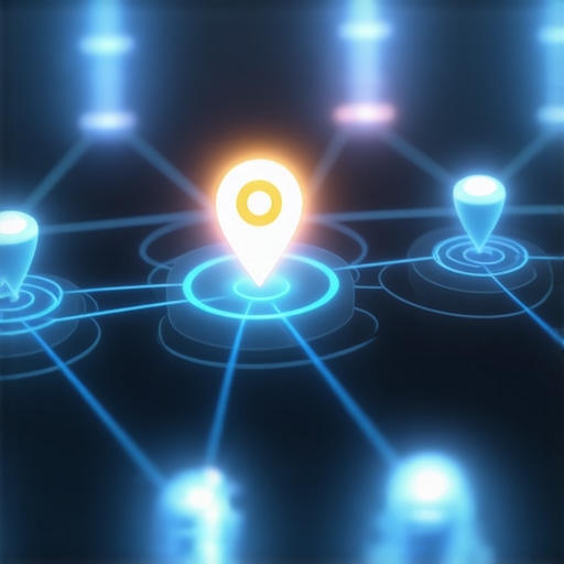 Visualizing the Local Authority Stack Grid A 3D network of glowing blue nodes connecting to a central Google Maps pin icon representing local SEO authority stacking.