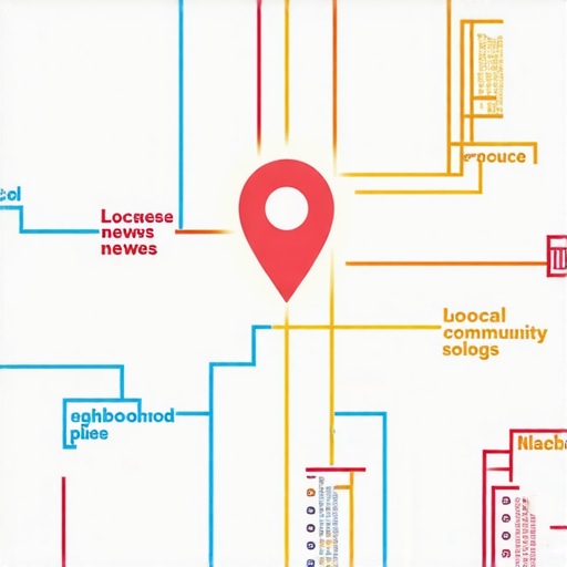 Digital diagram showing local backlink nodes connecting to a business map pin.