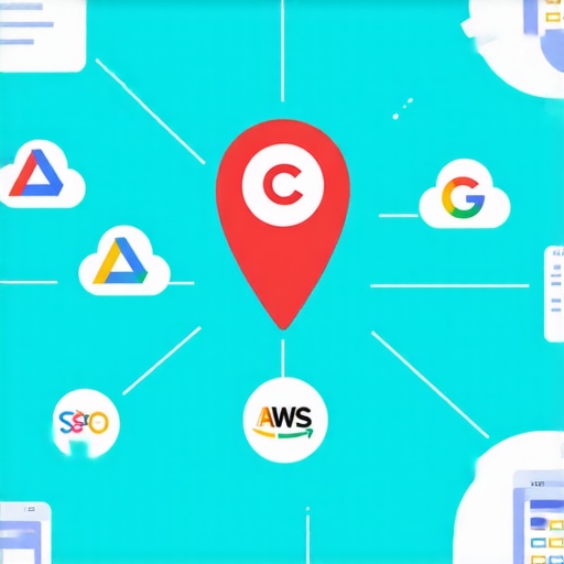 Diagram showing how authority stacking connects a local business location to high-authority cloud nodes.